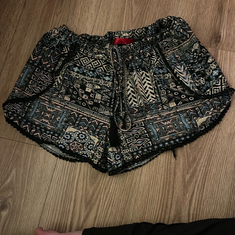 Patterned Black and Blue Women's Shorts with slits down the side